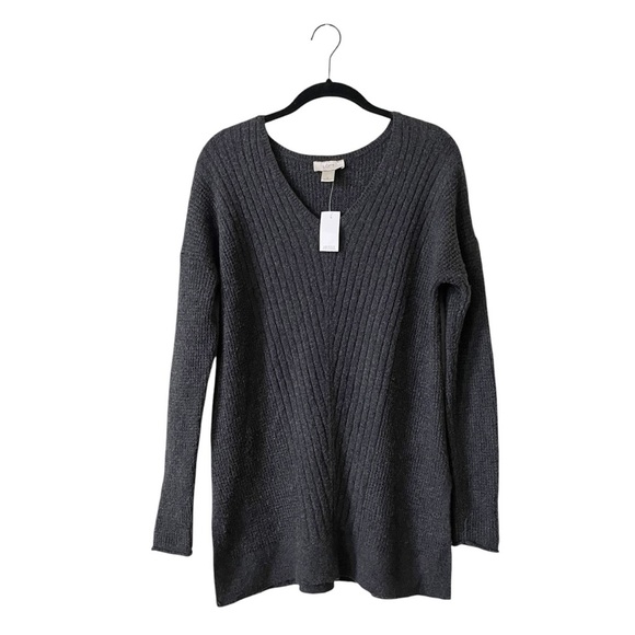 LOFT Ribbed Sweater Women's Size S Charcoal Gray Cotton Blend V-Neck Side Slits - Picture 1 of 6